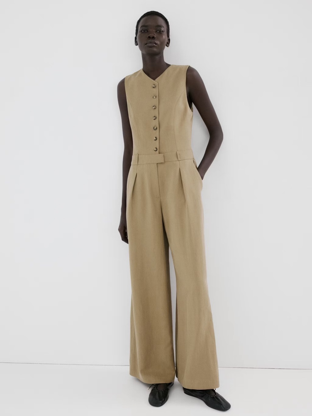Mango Lyocell Blend Sleeveless Belted Wide Leg Jumpsuit Khaki S NWT